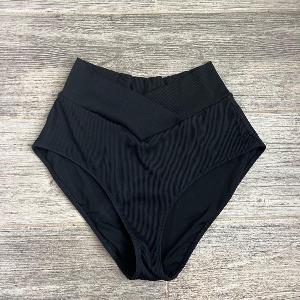 Aerie black ribbed high waisted crossover bikini bottoms full coverage